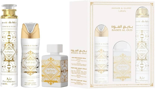 Lattafa Bade'e Al Oud Honor & Glory For Unisex Set de regalo de 3 piezas (3.4 onzas líquidas EDP + 6.67 onzas líquidas Deo + ambientador de 10.14 fl oz)
